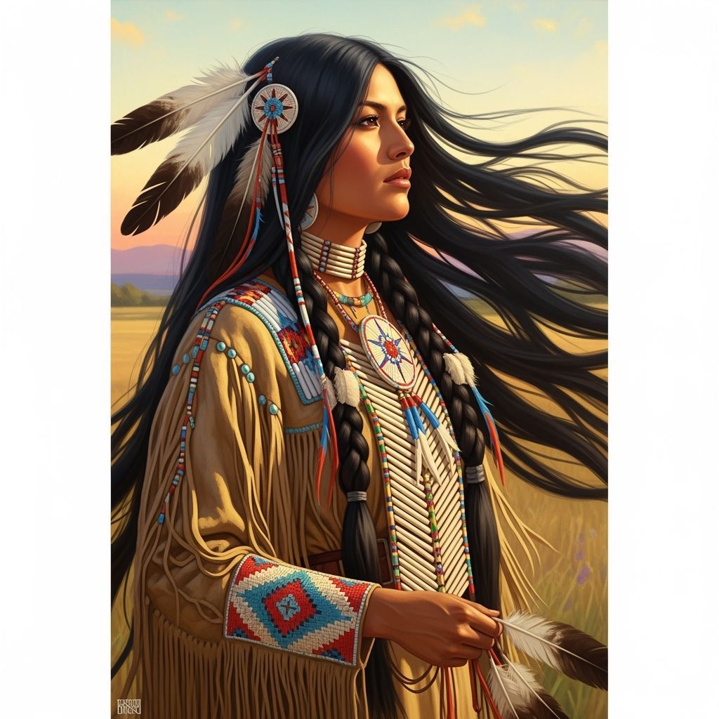 Native American Woman in Sunlit Meadow