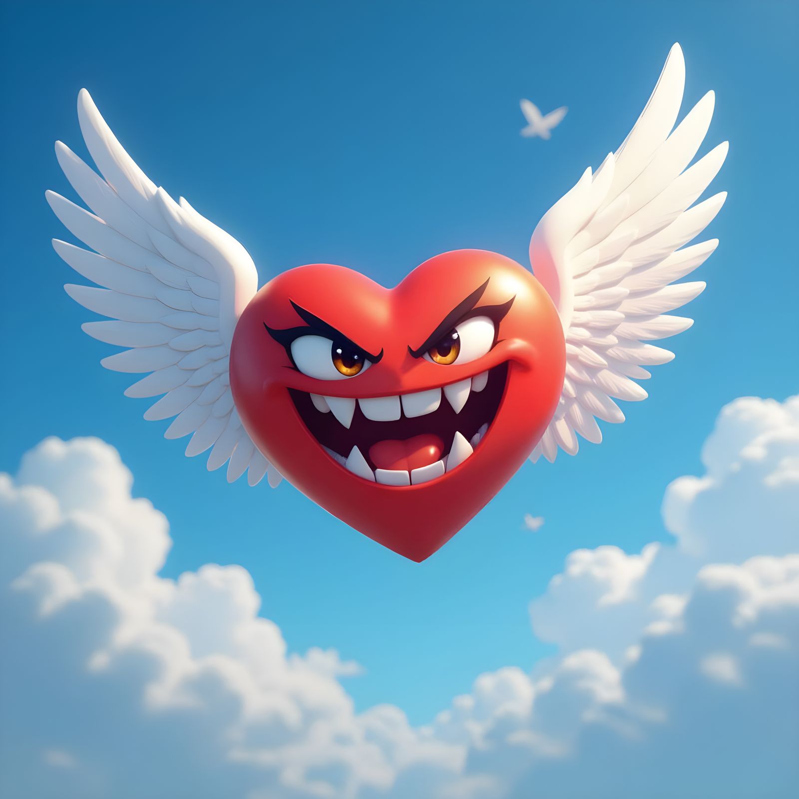 Wicked Cartoon Heart with Wings Soars Through Sky