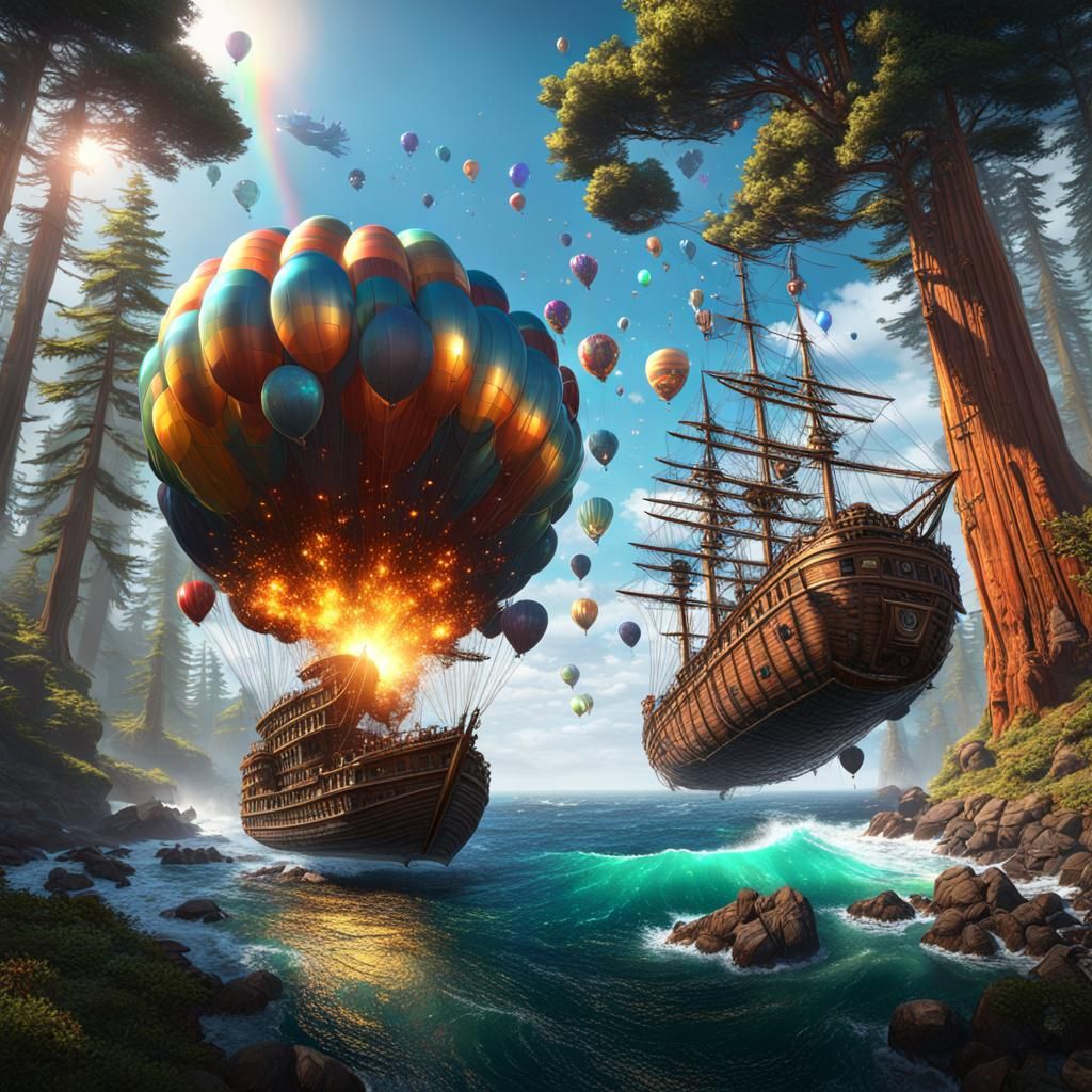 Fantastical Scene with Balloons, Redwoods and Witches