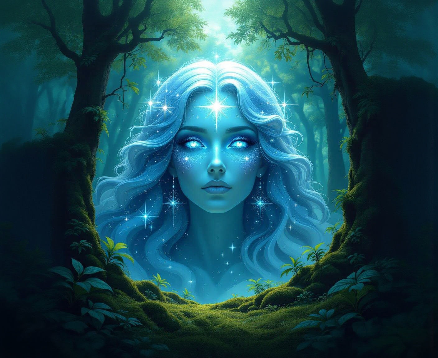 Ghostly Starlight Woman in Glowing Forest