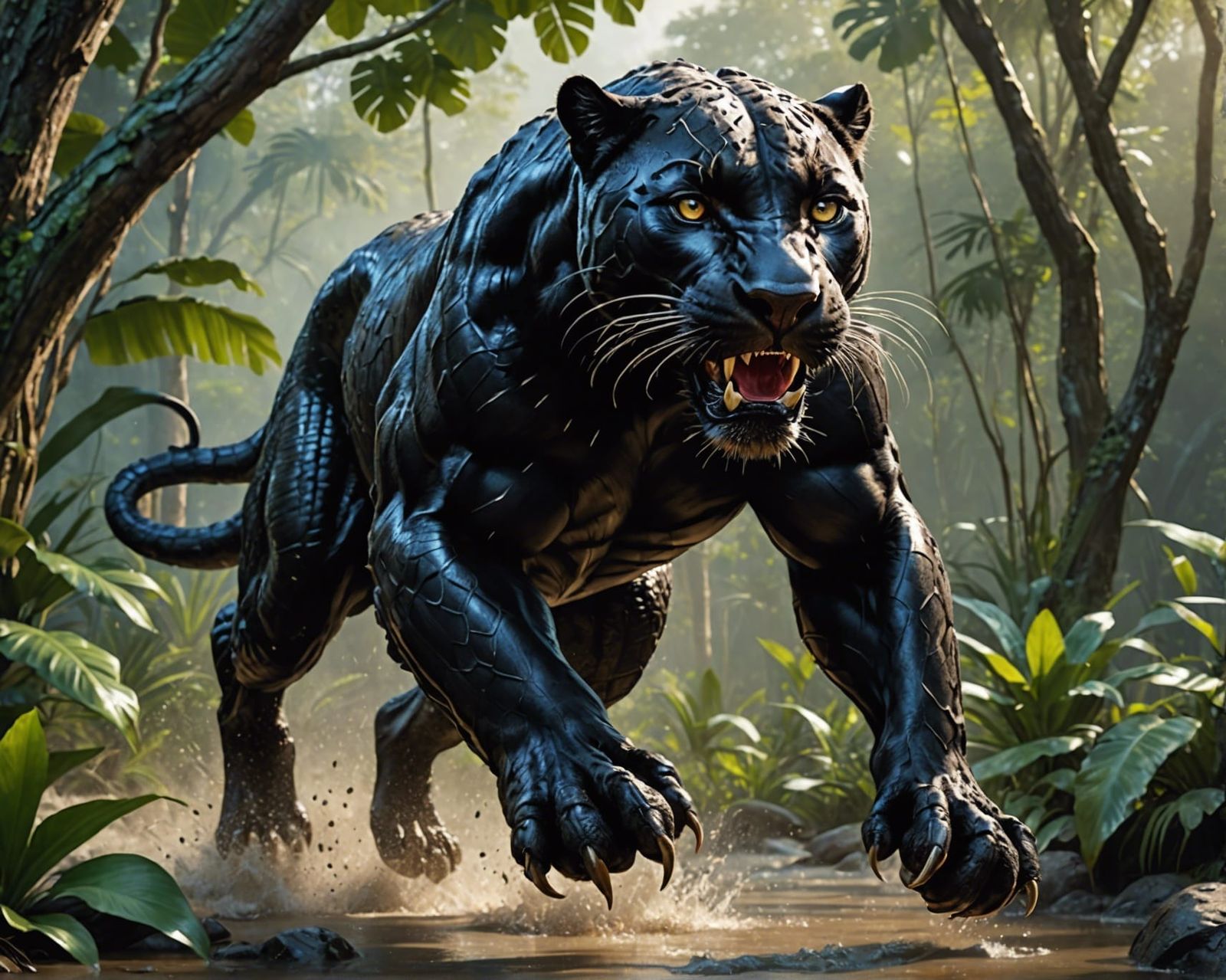 Hyperrealistic Crocodile-Skinned Black Panther in Jungle