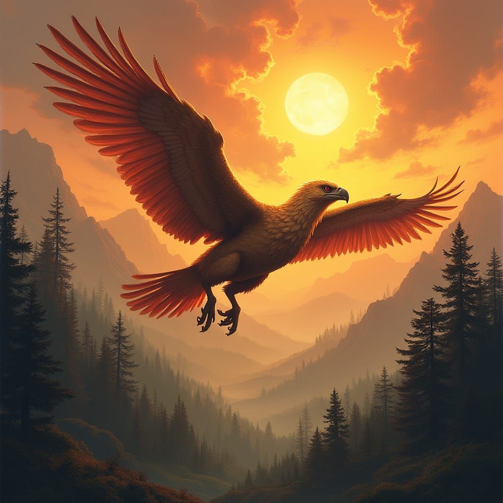 Griffin Soaring Through Sunset Sky in Fantasy Style