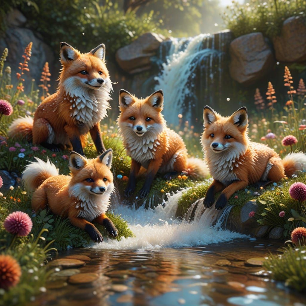 Hyperrealistic Pom Pom Foxes in Summer Meadow