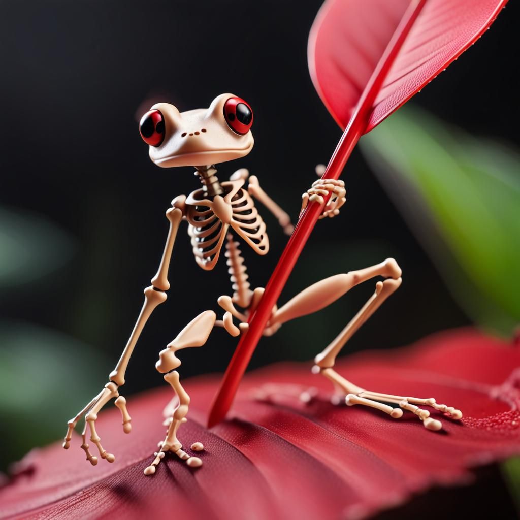 Tiny Skeleton Rides a Red Dart Frog