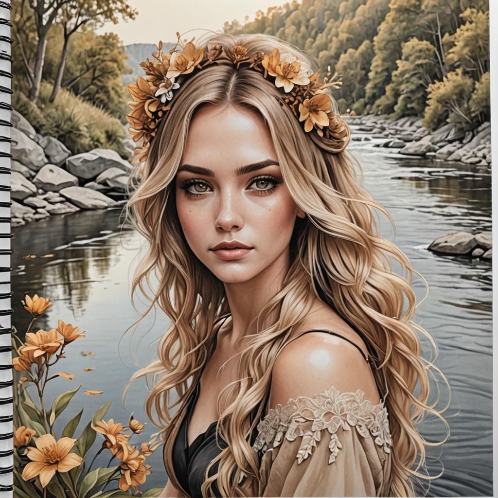 Fantasy Girl Sketchbook Art with Flower by River