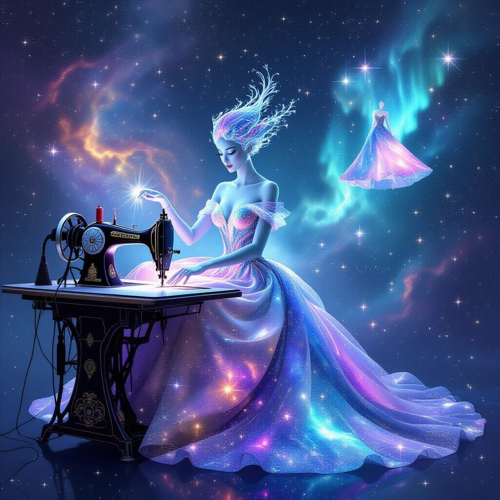 Cosmic Fashion Designer Weaving Galaxy Gowns