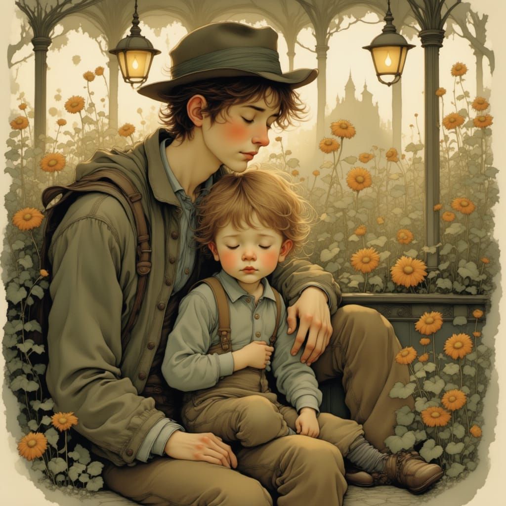 Father and Son Sleep at Train Station in Whimsical Style