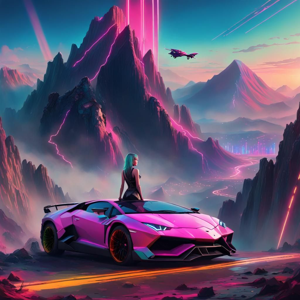 Fairy and Lamborghini in Cyberpunk Mountainscape
