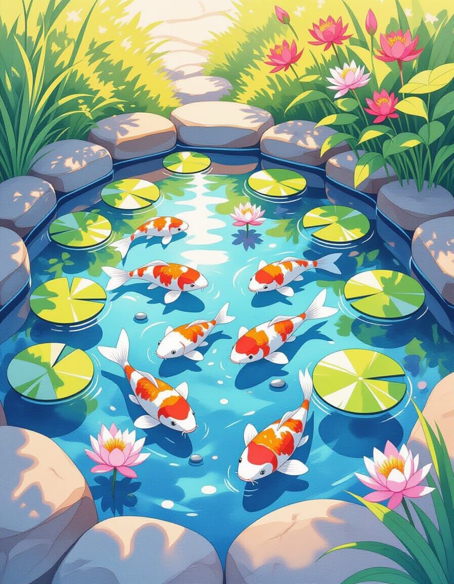 Colorful Koi Pond in Watercolor Splash Art Style