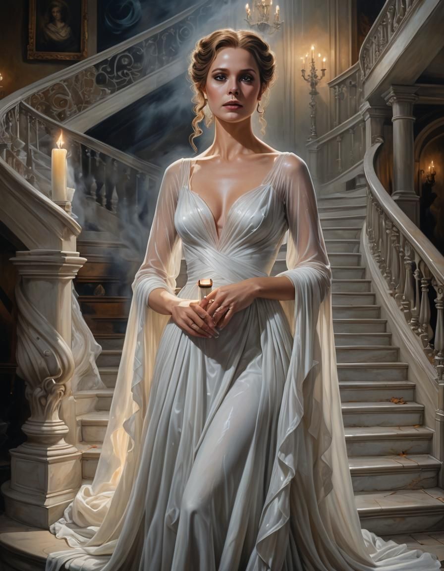 Haunting Female Spectre on Staircase as Oil Painting