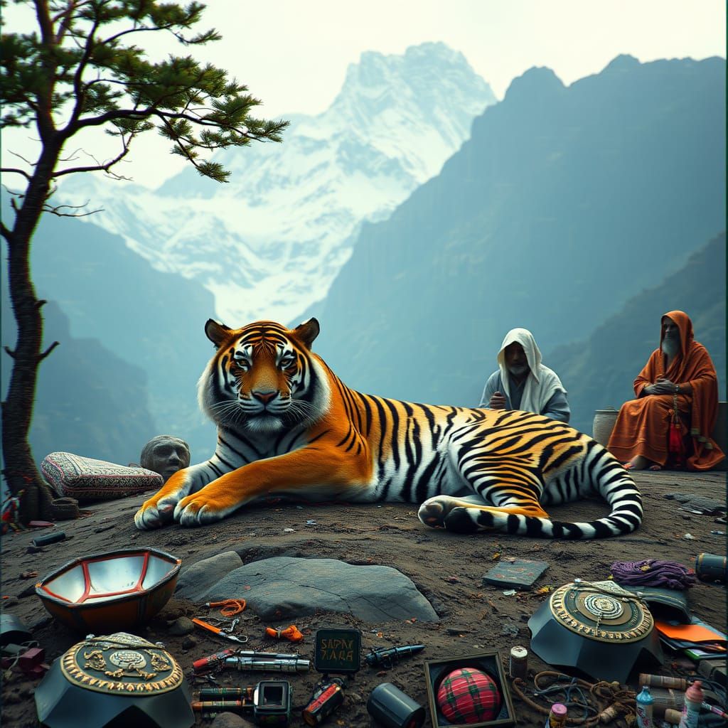 Glitch Art Tiger with Vedic Rishis in Himalayas