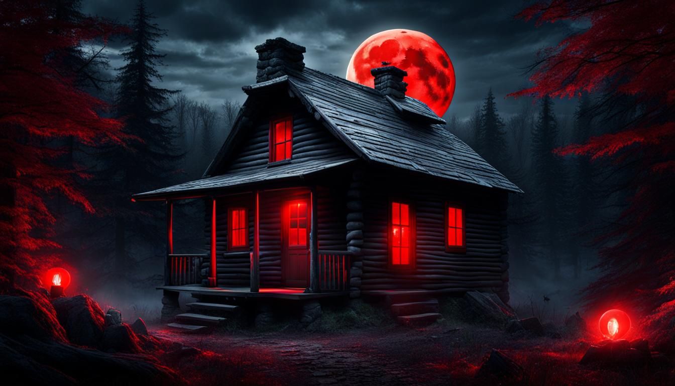 Haunted Cabin Under Red Moon in Dark Woods