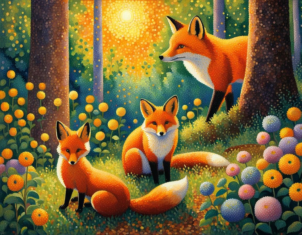 Mouse and Fox in Forest, Pointillism Style