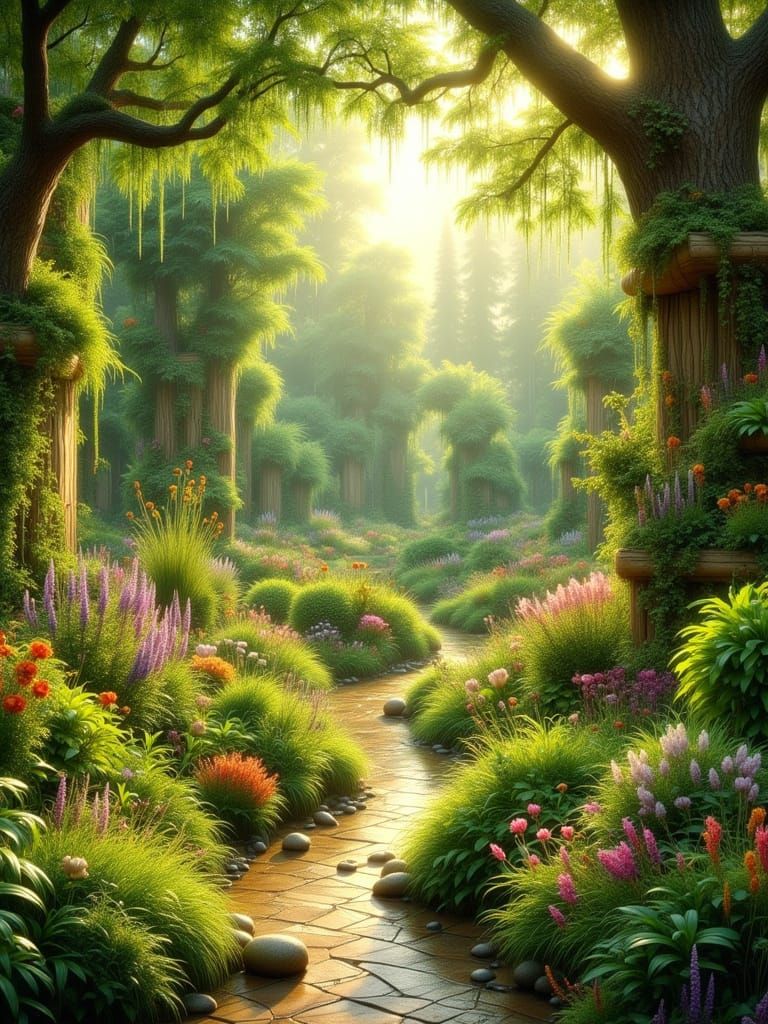 Botanical Garden in Oil Painting Style