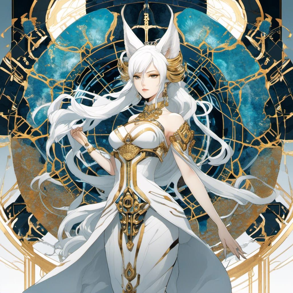 Anime Kitsune Girl in Atlantis with Sacred Geometry