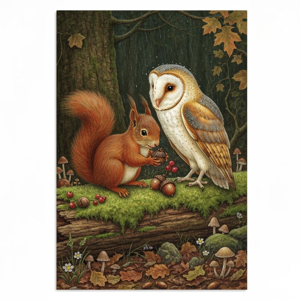 Squirrel and Owl Share Acorns in Victorian Storybook Style