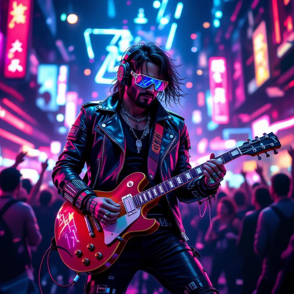 Cyberpunk Guitarist's Neon-Fueled Solo