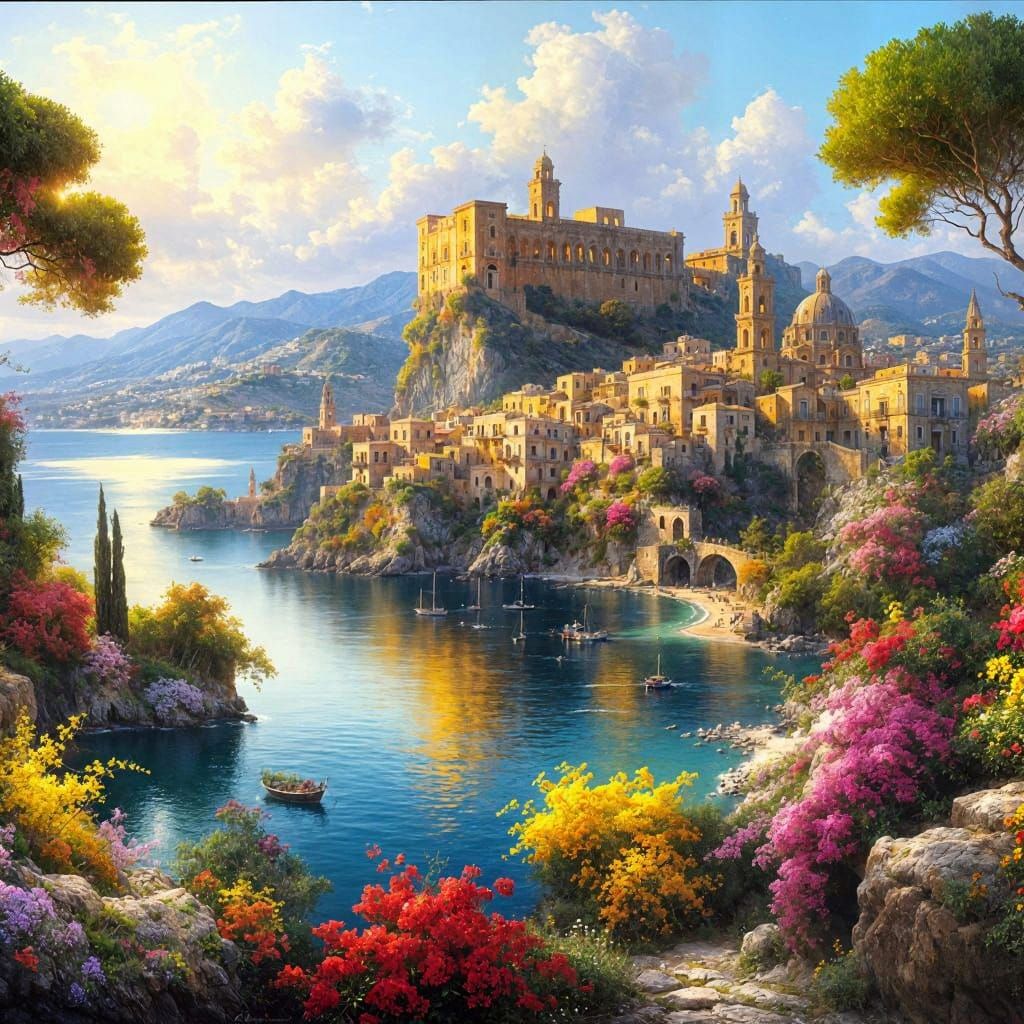 Sicilian Cityscape Oil Painting with Bougainvillea