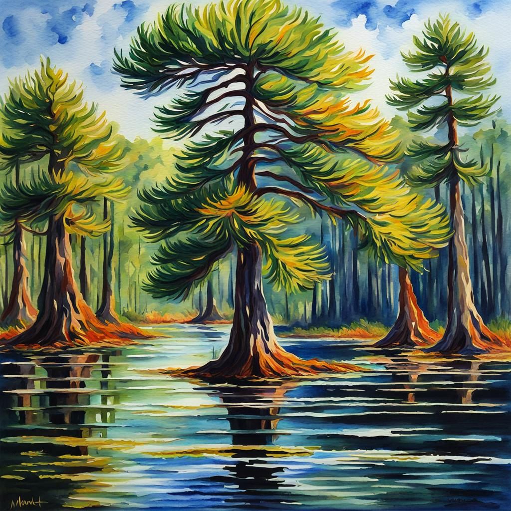Shimmering Cypress Tree in Texas Swamp Watercolor