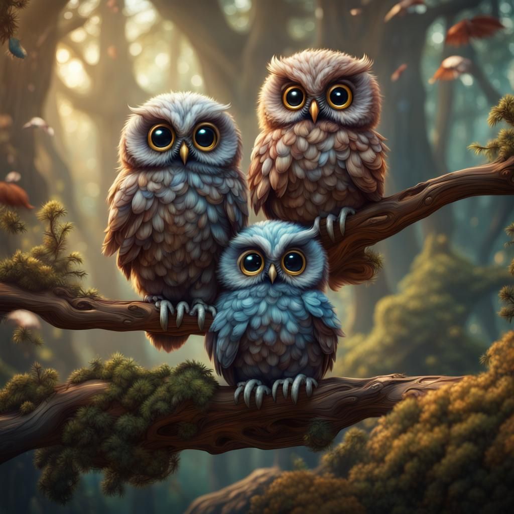 Cute Baby Owls: Detailed Fantasy Concept Art
