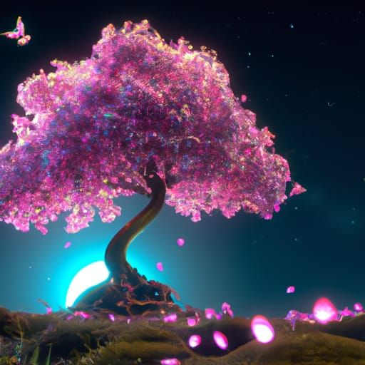 Pink Tree Under Moonlight: Fantasy Concept Art