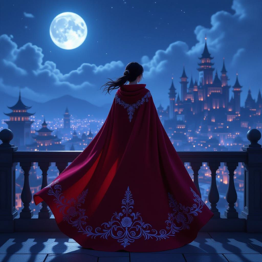 Crimson Cloaked Woman Awaits on Moonlit Balcony