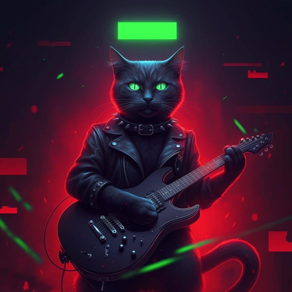 Cyberpunk Cat Shreds on Electric Guitar