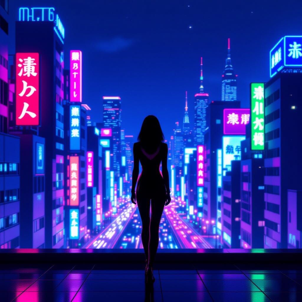 Woman on Rooftop Overlooking Neon Cityscape