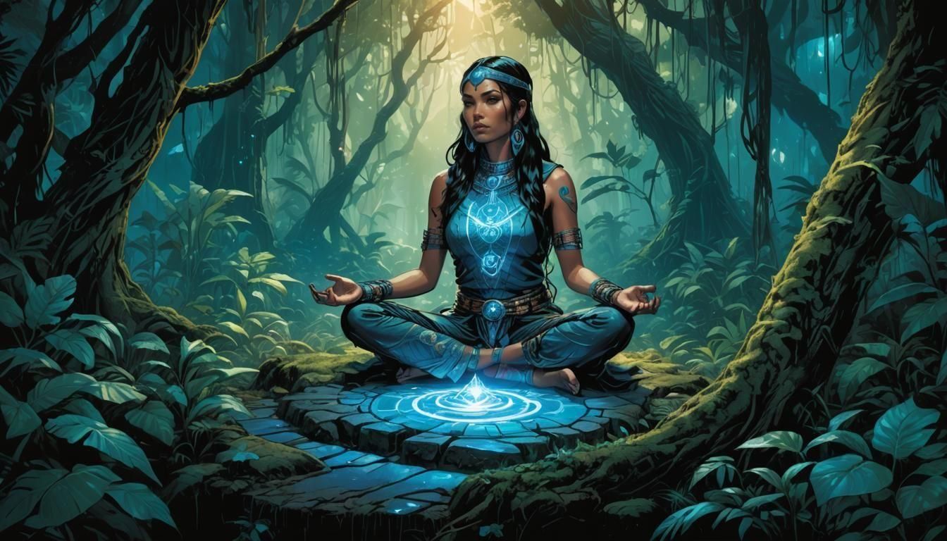 Futuristic Shaman Woman Meditating in Jungle, Comic Book Art