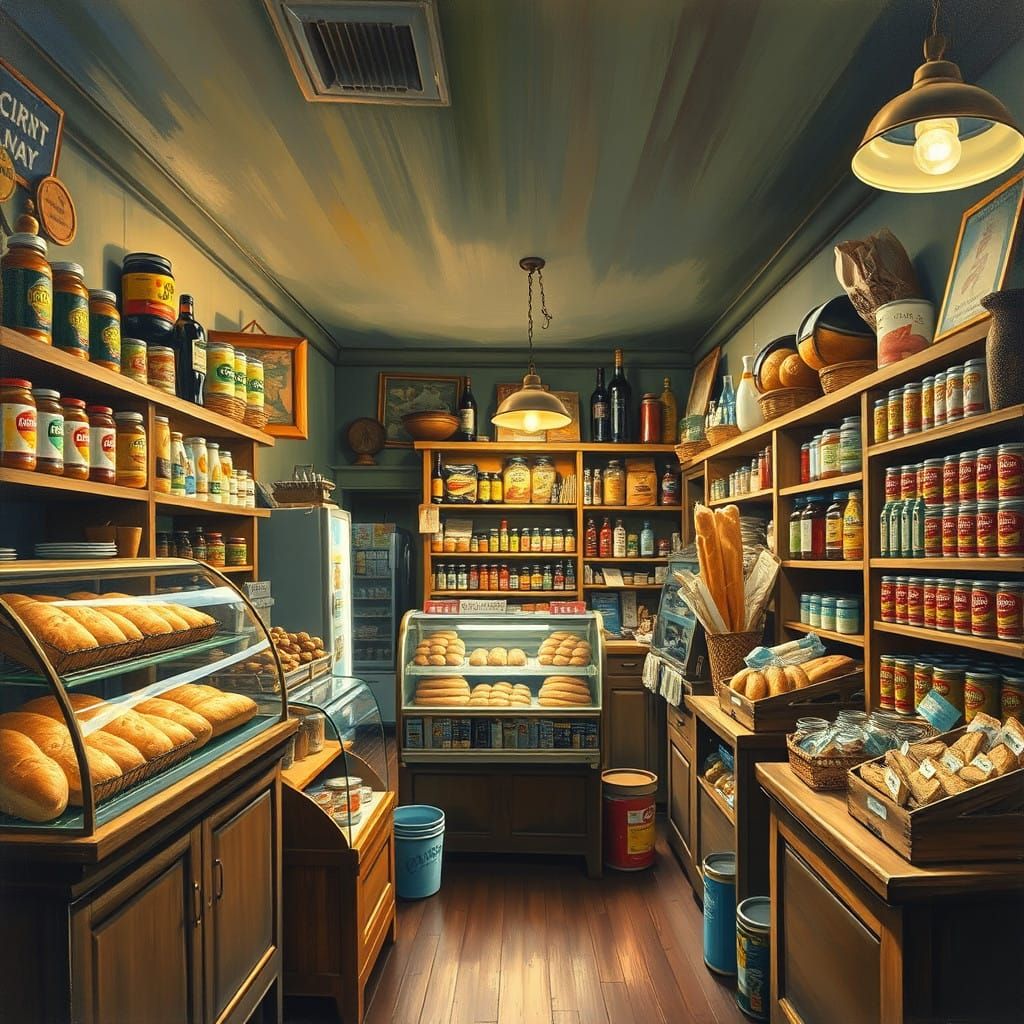 Cozy Neighborhood Store Panorama in Oil Painting Style