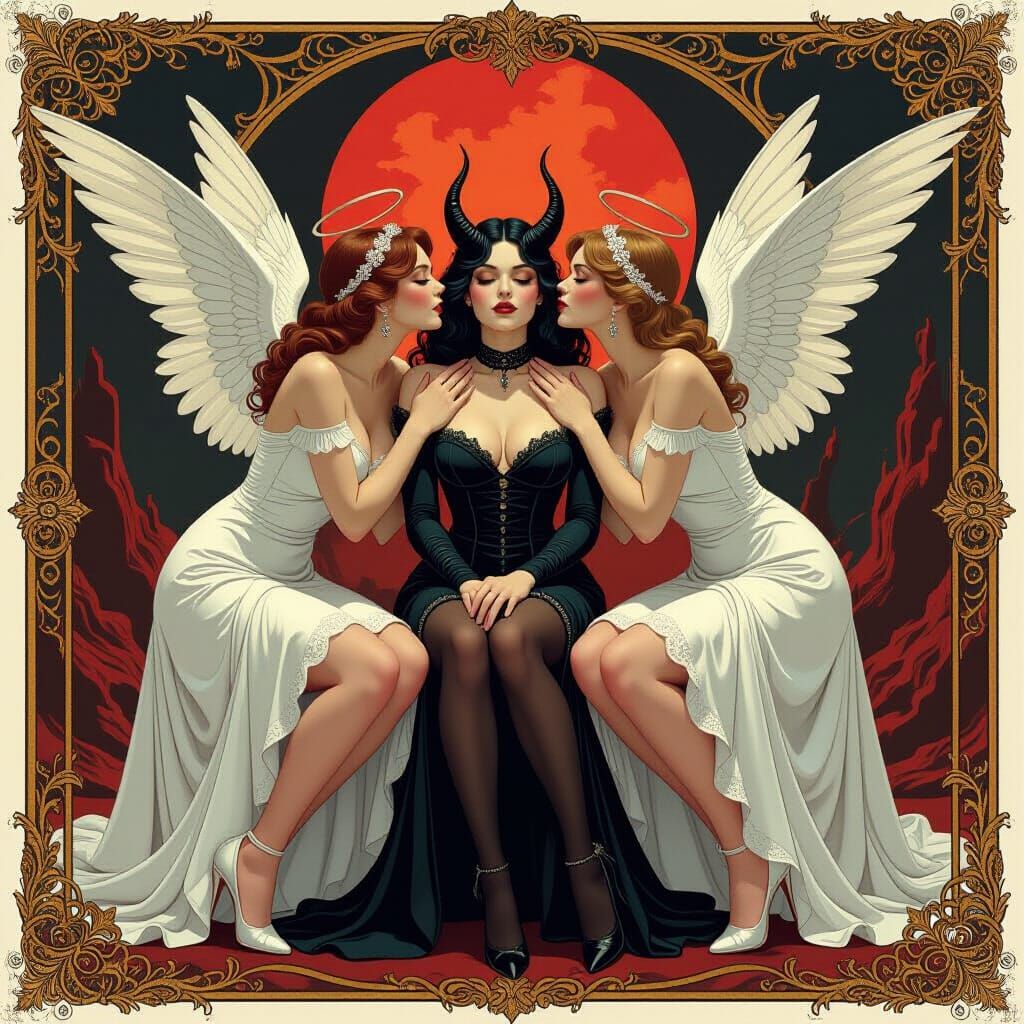 Angelic Kiss: Elegant Ladies Meet a Demon, Art Nouveau Style