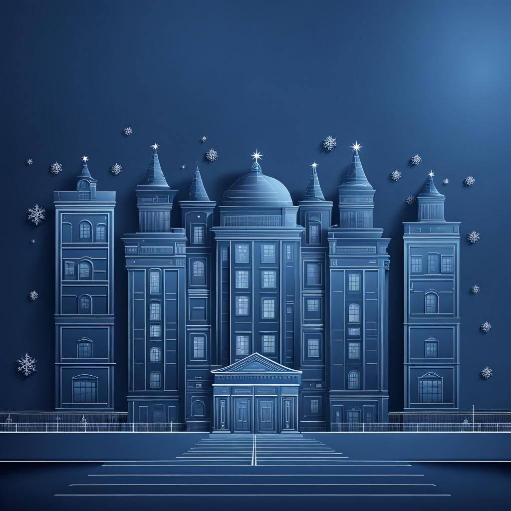 Minimalist Christmas Background with Modern Blue Building