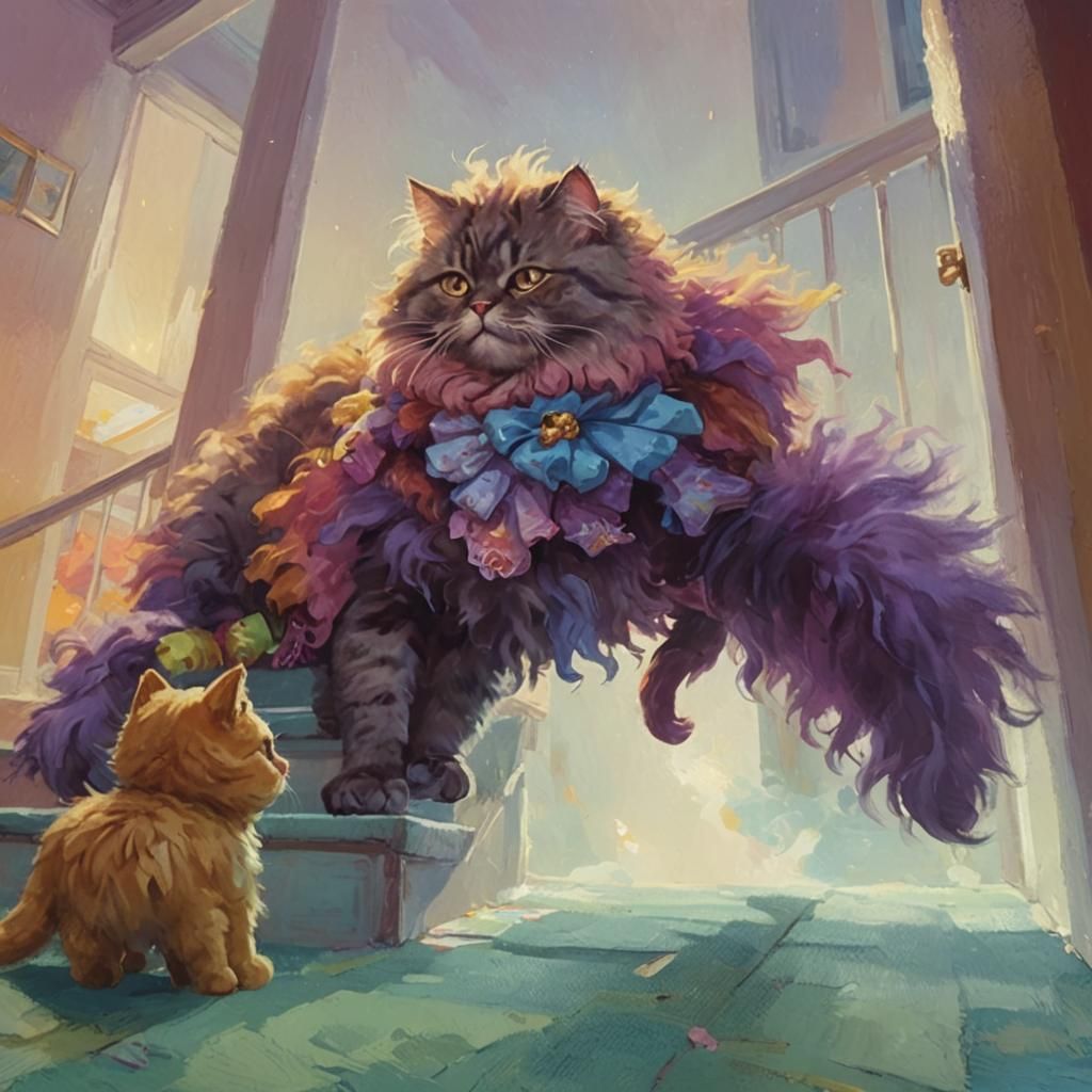 Fluffy Cat Carries Toys in Fantasy Oil Painting