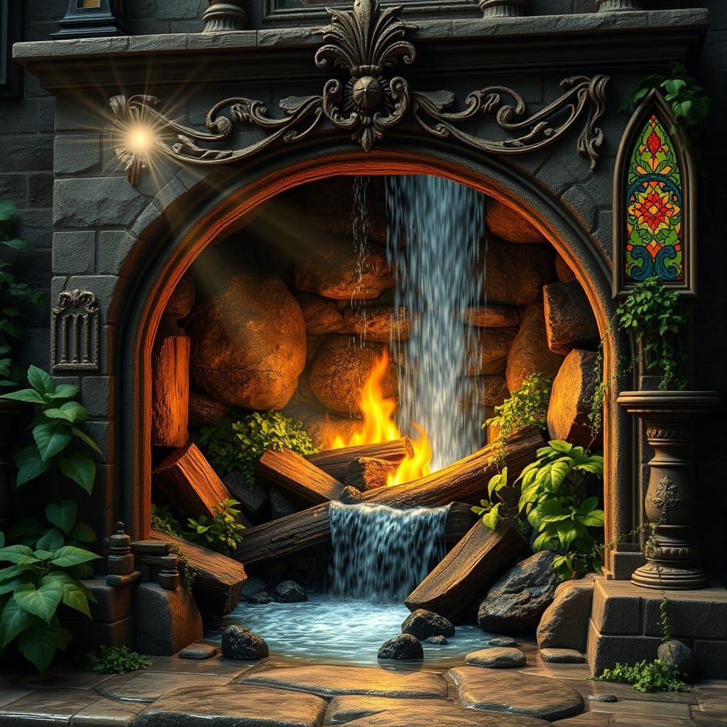 Waterfall Flows Inside Fireplace in Fantasy Art