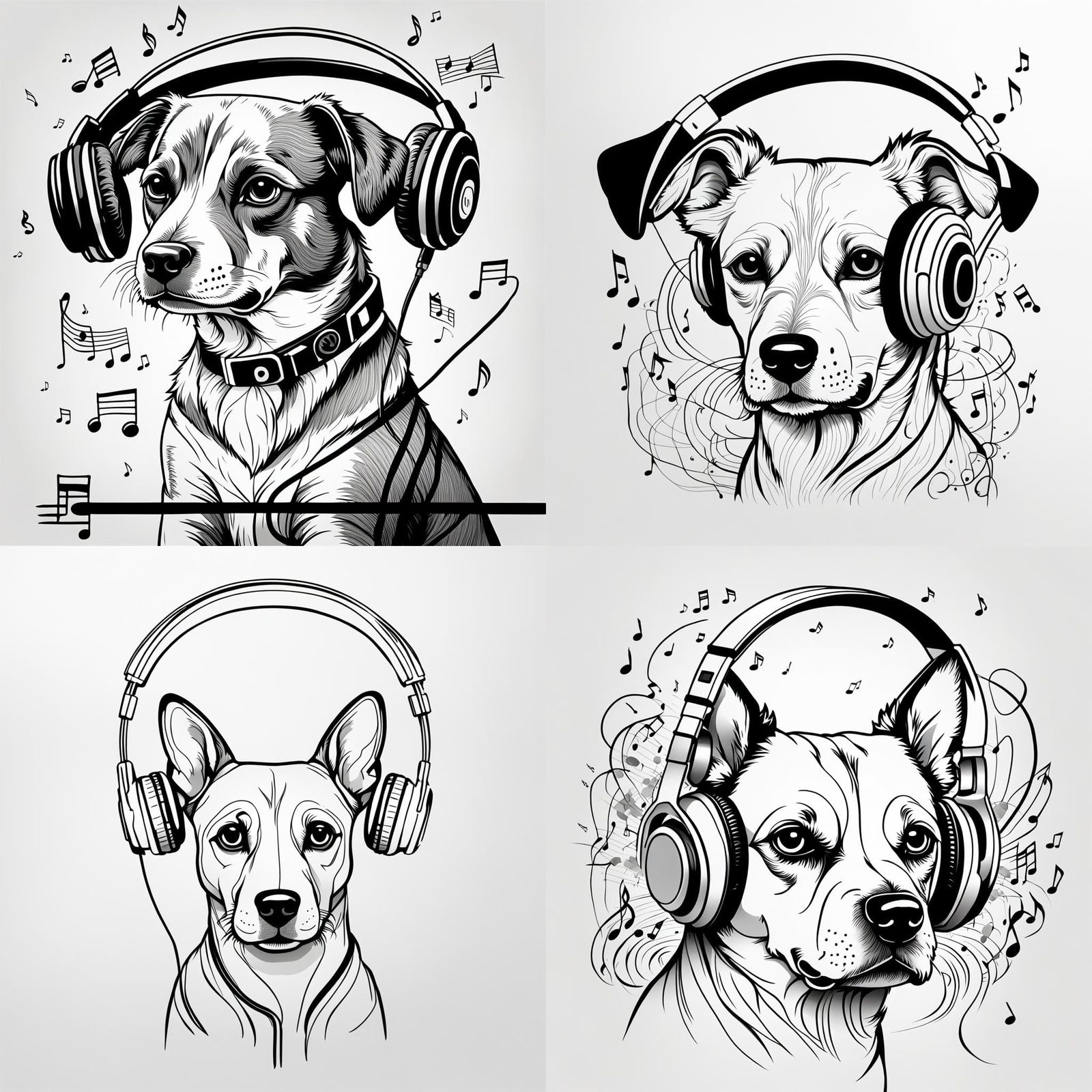 Dog with Headphones: Minimalist Line Art Illustration
