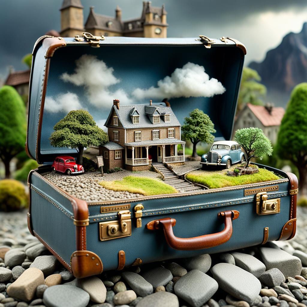 Miniature World Inside Weathered Suitcase, 3D Render