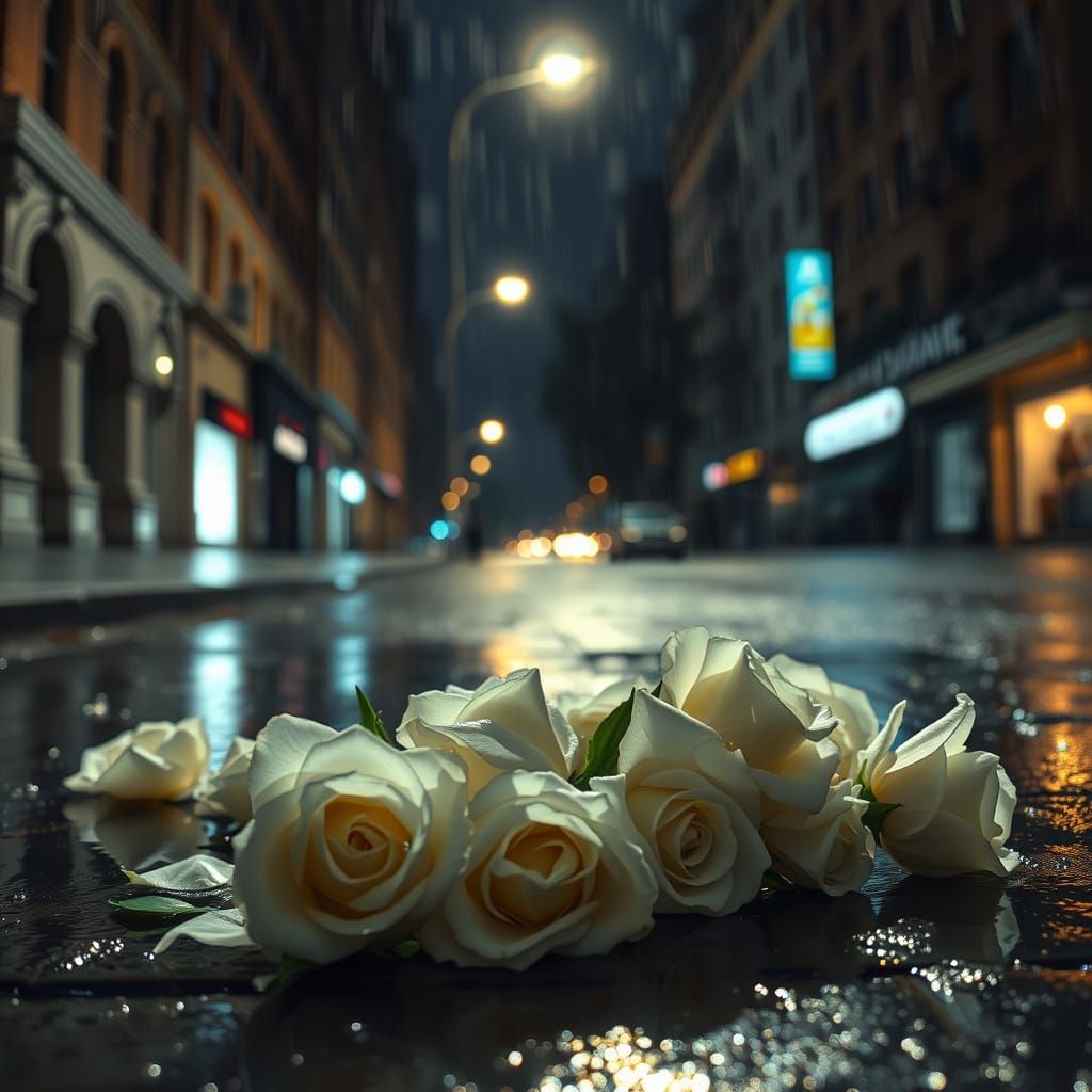 White Roses Glow in Rainy City Night