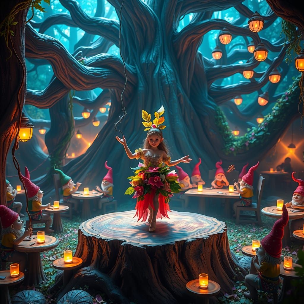 Enchanted Forest Nightclub Scene with Gnome Dancer