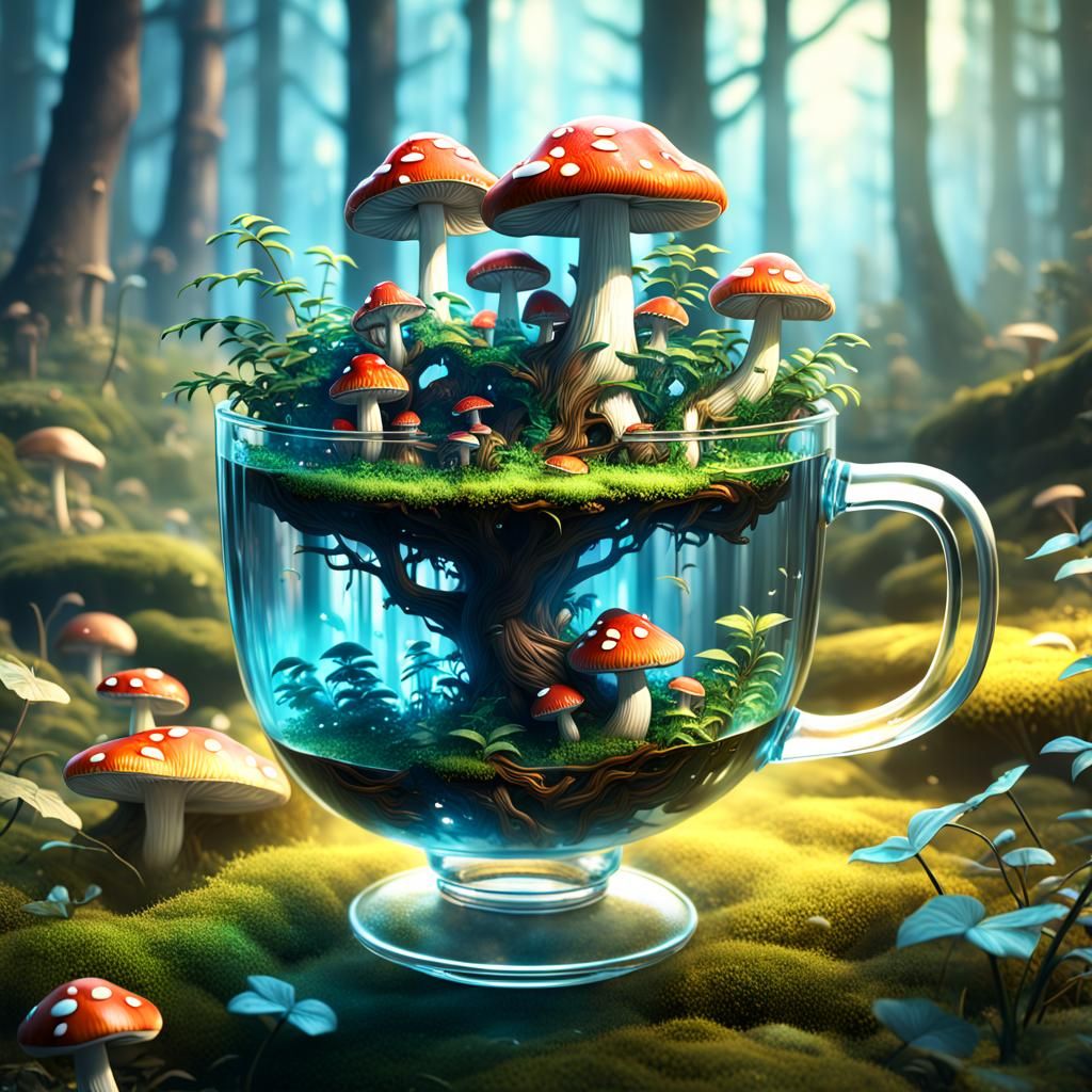Mushroom Forest in Teacup: Detailed Matte Painting