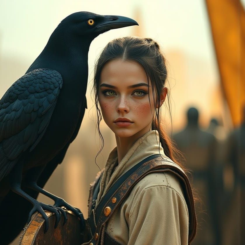 Young Woman with Raven in Medieval Fantasy