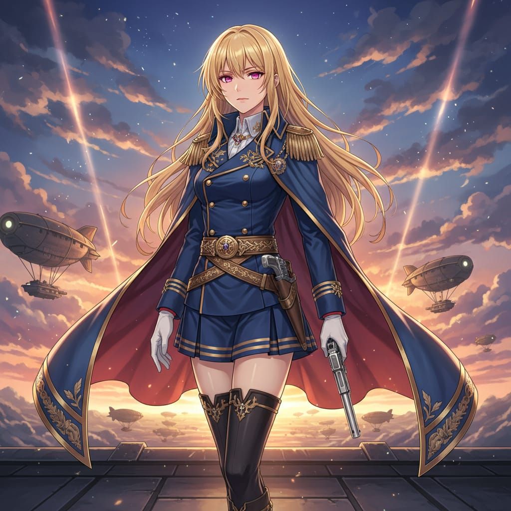 Anime Female Admiral in Blue Navy Uniform with Pink Eyes