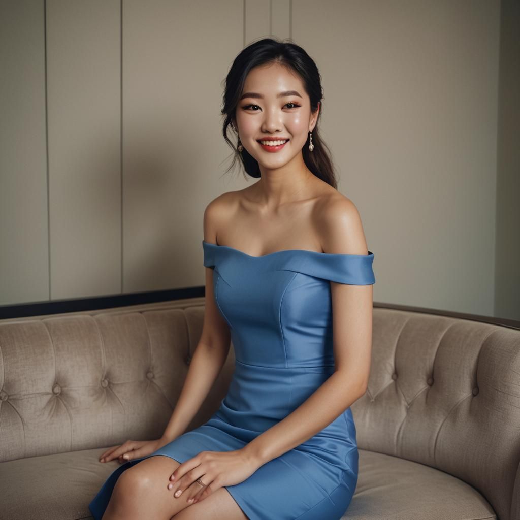 Beautiful Korean Lady in Blue Dress, Cinematic Portrait