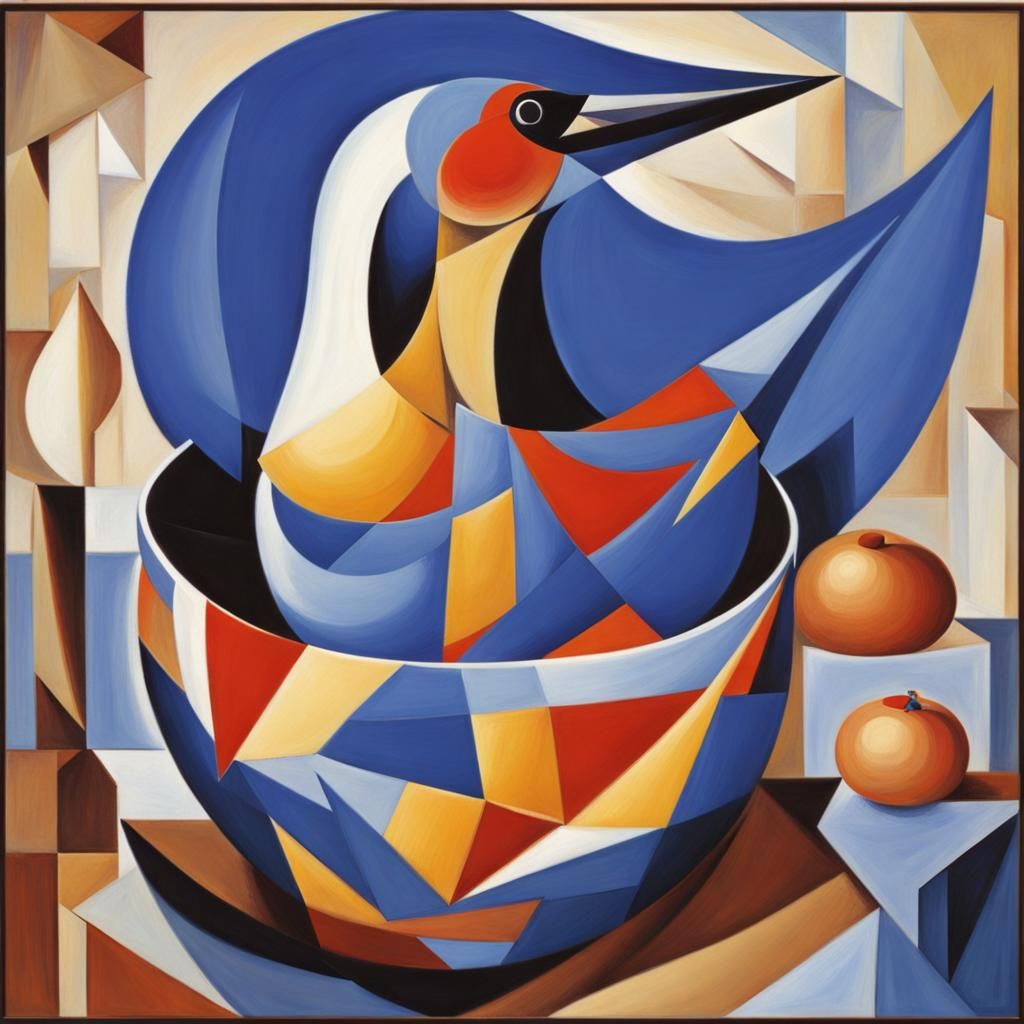 Blue Bird in Soup Pot, Abstract Cubism Style