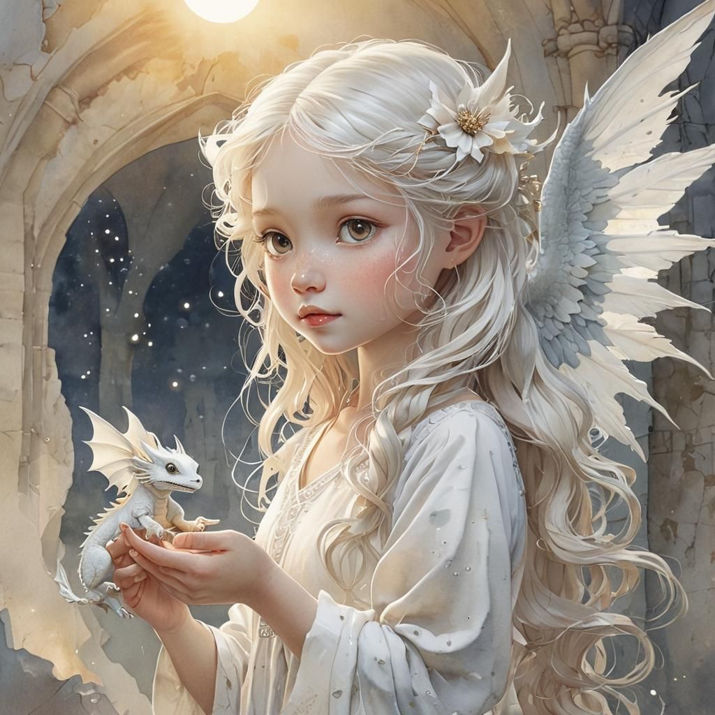 Girl with Dragon: Delicate Watercolor Illustration