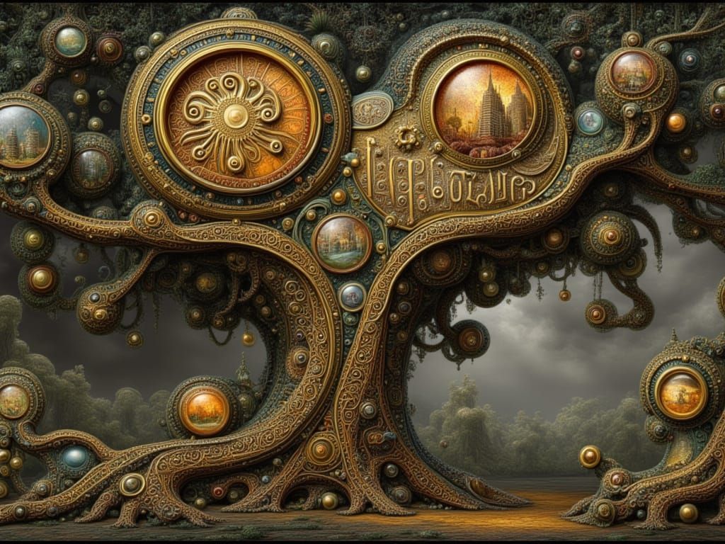 Clockwork Tree in Steampunk Style with Ornate Details
