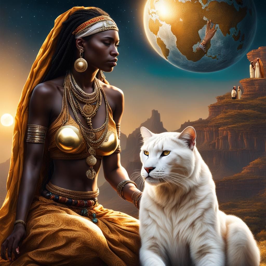 Mystical Prayer: Gypsy, Cat, and Golden Planet