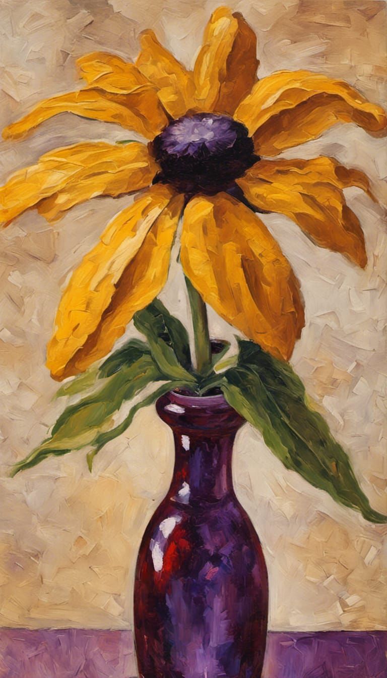 yellow black eyed Susan  in brownish red glass vase  :: walnut table still life  :: brown purple parchment Paper backgro...