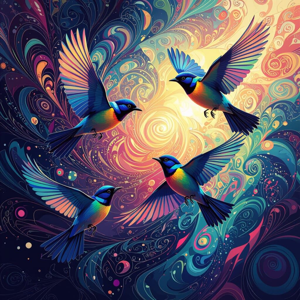 Iridescent Birds in Flight with Kaleidoscopic Patterns