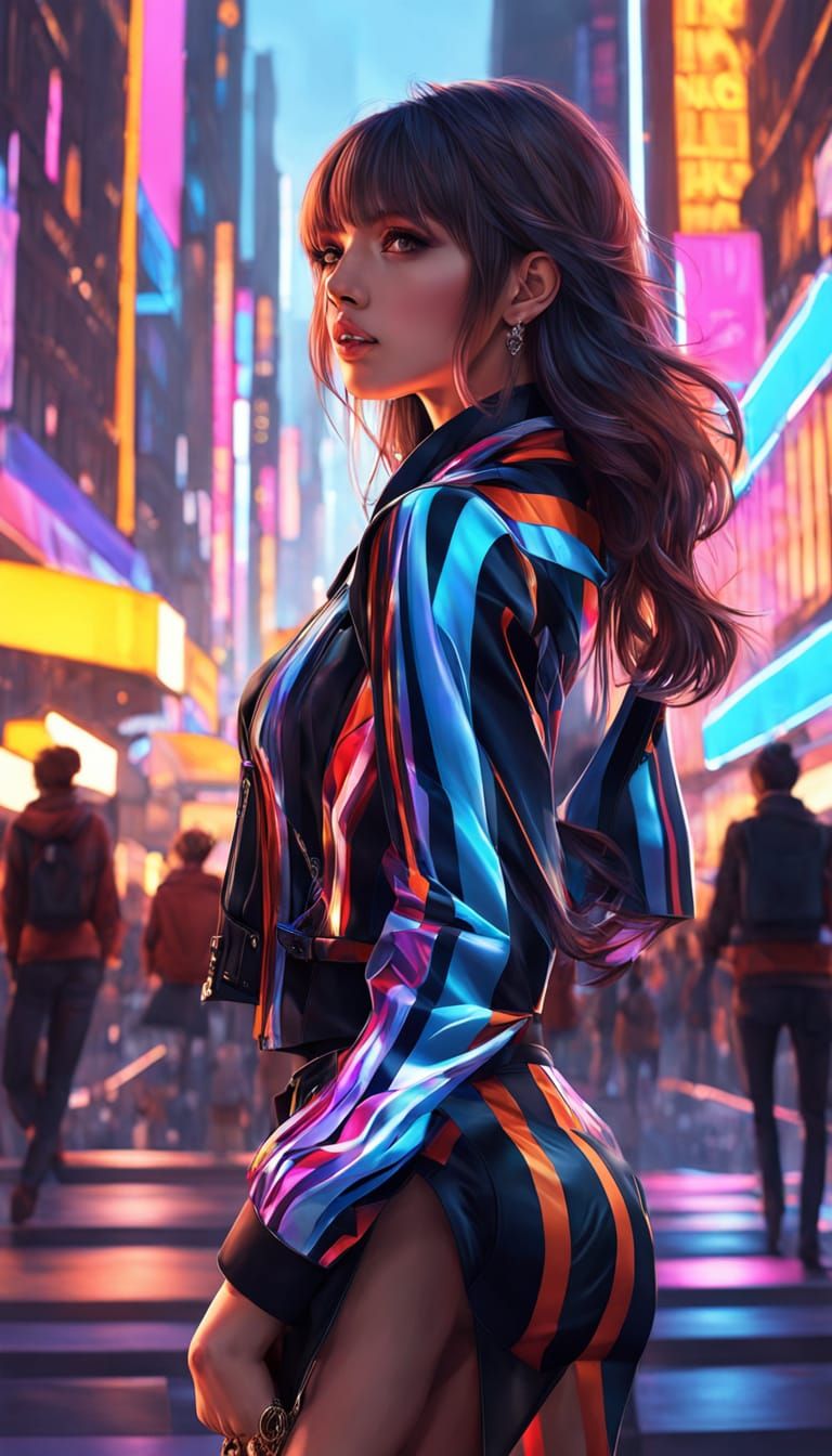 Vibrant City Goddess in Striped Finery