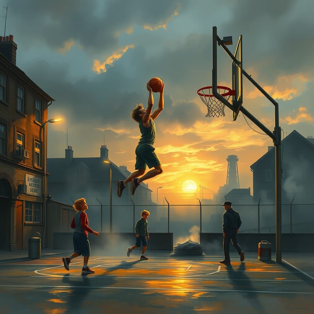 Sunset Slam Dunk in Hyperdetailed Ethereal Style